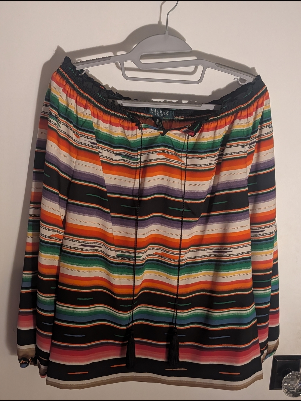 Ralph Lauren Off the Shoulder Striped Multicolor Peasant Blouse with Tassel Ties